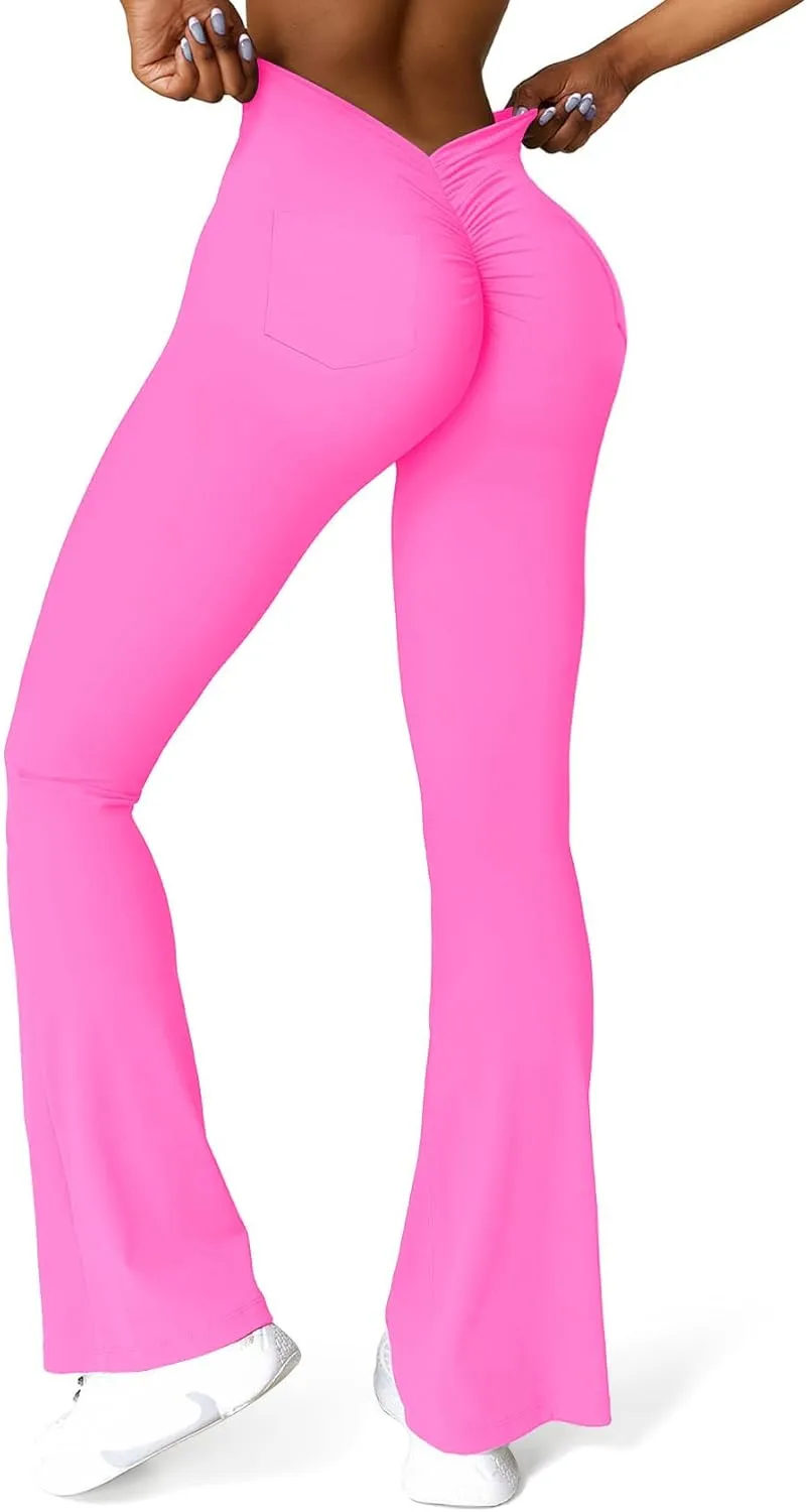 SEASUM Scrunch Pocket Flare Leggings Daze V Back Butt Lifting Gym Workout Bell Bottom Wide Leg Bootcut Yoga Pants
