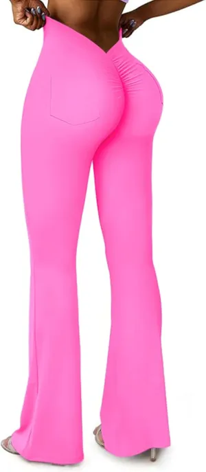 SEASUM Scrunch Pocket Flare Leggings Daze V Back Butt Lifting Gym Workout Bell Bottom Wide Leg Bootcut Yoga Pants