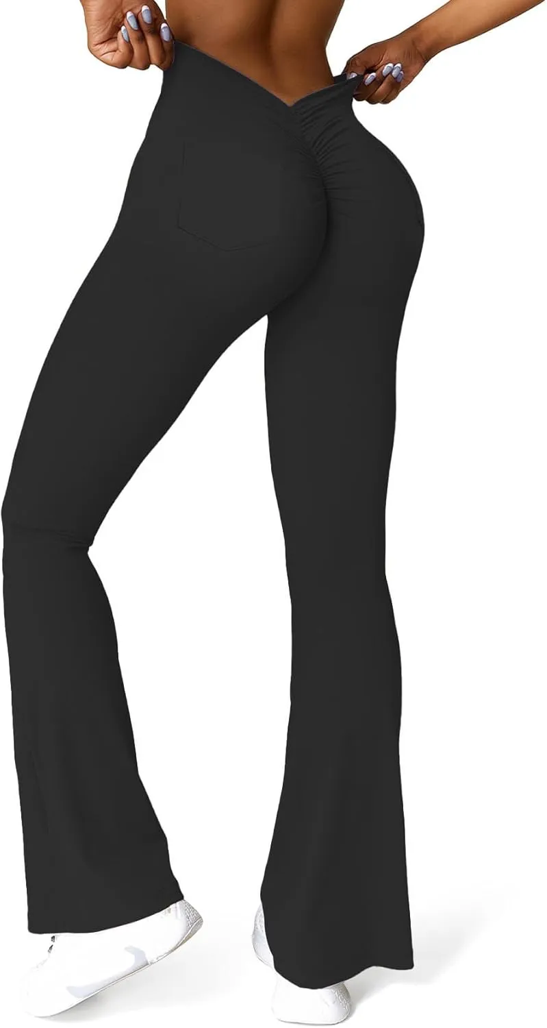SEASUM Scrunch Pocket Flare Leggings Daze V Back Butt Lifting Gym Workout Bell Bottom Wide Leg Bootcut Yoga Pants