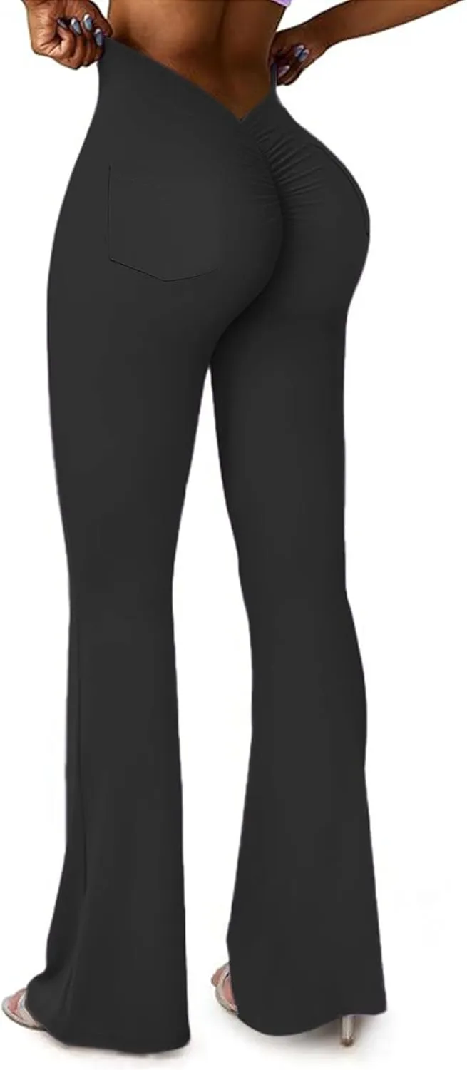 SEASUM Scrunch Pocket Flare Leggings Daze V Back Butt Lifting Gym Workout Bell Bottom Wide Leg Bootcut Yoga Pants