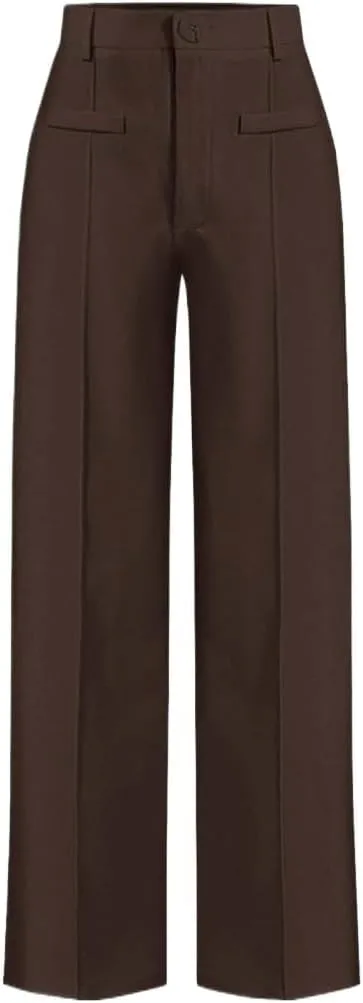 SECOLI Women's Straight Wide Leg Trousers Pants Coffee Brown Casual High Waist Straight Leg Pants