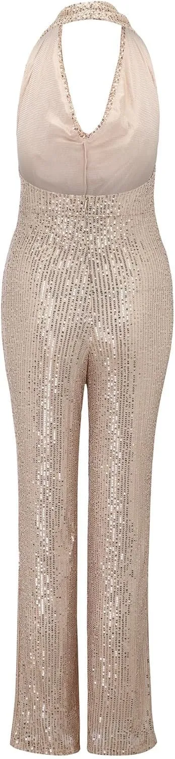 Sexy Halter Cowl Neck Sparkly Jumpsuits for Women Clubwear Sleeveless Elegant Sequins Bodycon Wide Leg Pants Rompers