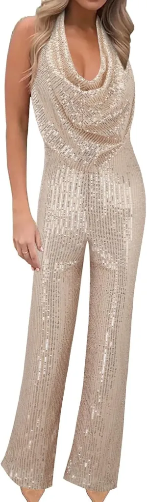 Sexy Halter Cowl Neck Sparkly Jumpsuits for Women Clubwear Sleeveless Elegant Sequins Bodycon Wide Leg Pants Rompers