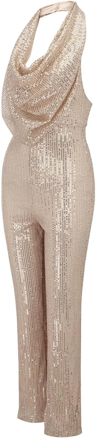 Sexy Halter Cowl Neck Sparkly Jumpsuits for Women Clubwear Sleeveless Elegant Sequins Bodycon Wide Leg Pants Rompers