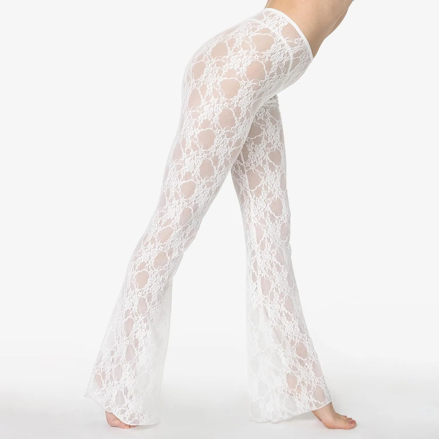 Sexy Women Y2K Lace Flare Pants High Waist See-Through Sheer Mesh Leggings Coquette Wide Leg Bell-Bottom Trousers