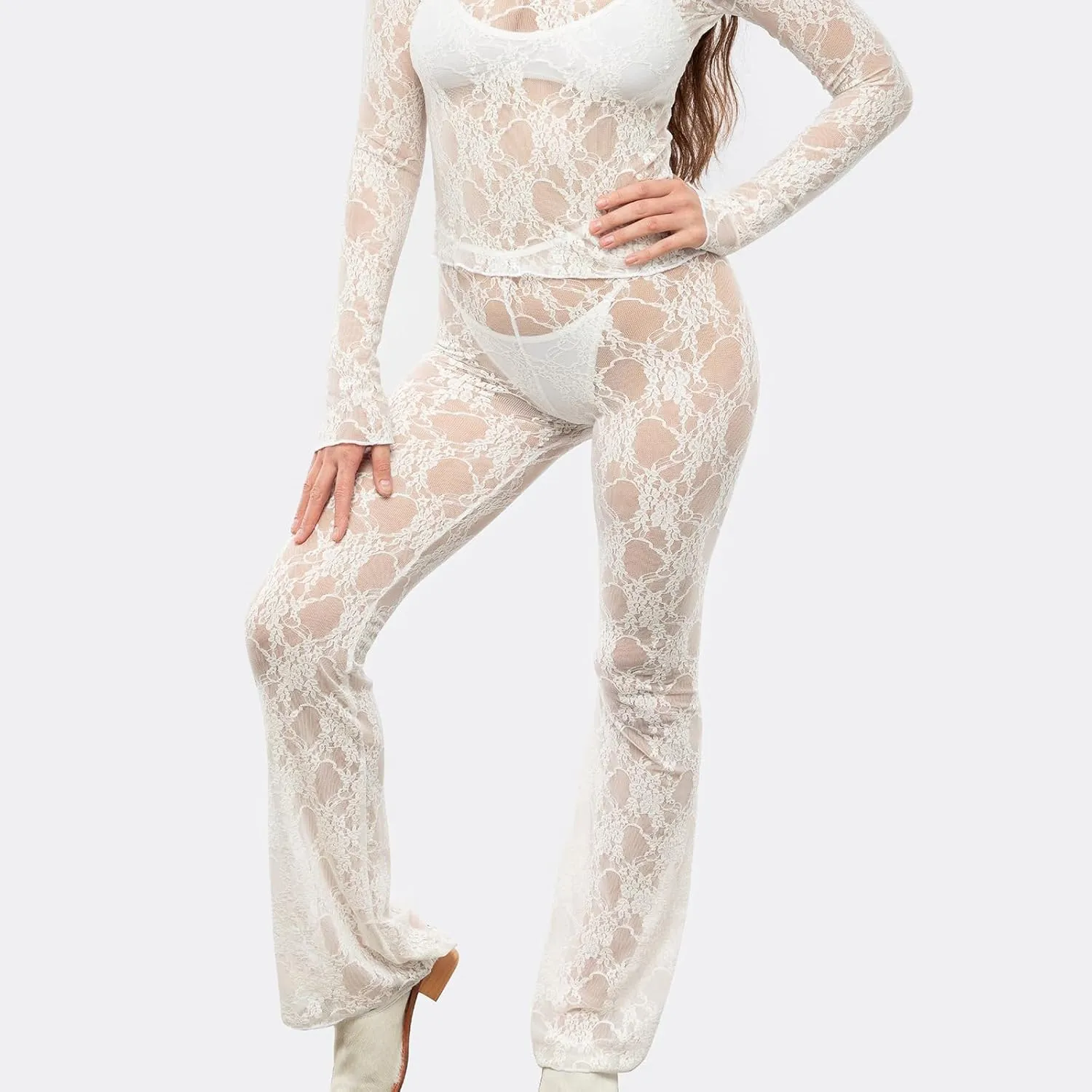 Sexy Women Y2K Lace Flare Pants High Waist See-Through Sheer Mesh Leggings Coquette Wide Leg Bell-Bottom Trousers