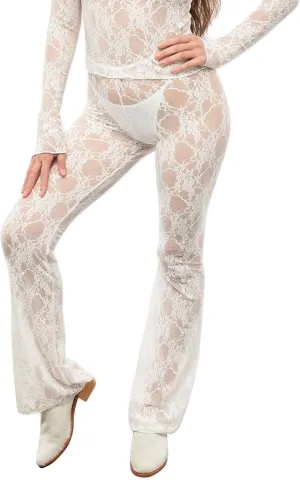 Sexy Women Y2K Lace Flare Pants High Waist See-Through Sheer Mesh Leggings Coquette Wide Leg Bell-Bottom Trousers