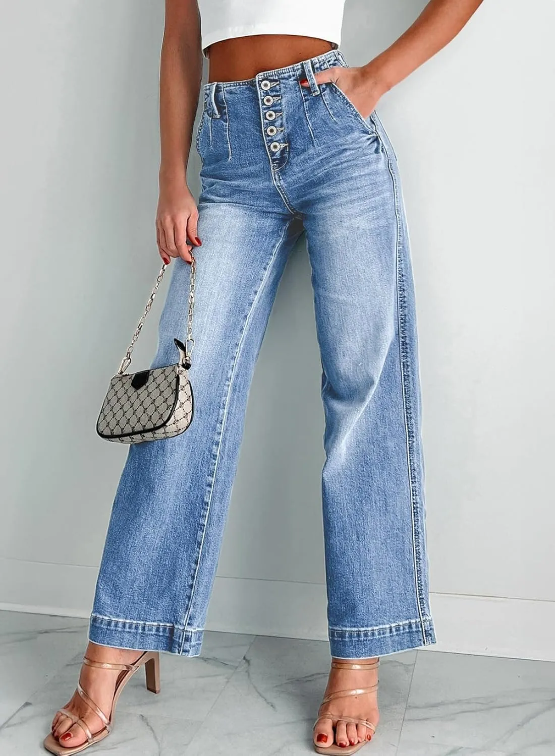 Sidefeel Women's Wide Leg Jeans High Waisted Button Fly Stretchy Straight Legs Denim Pants