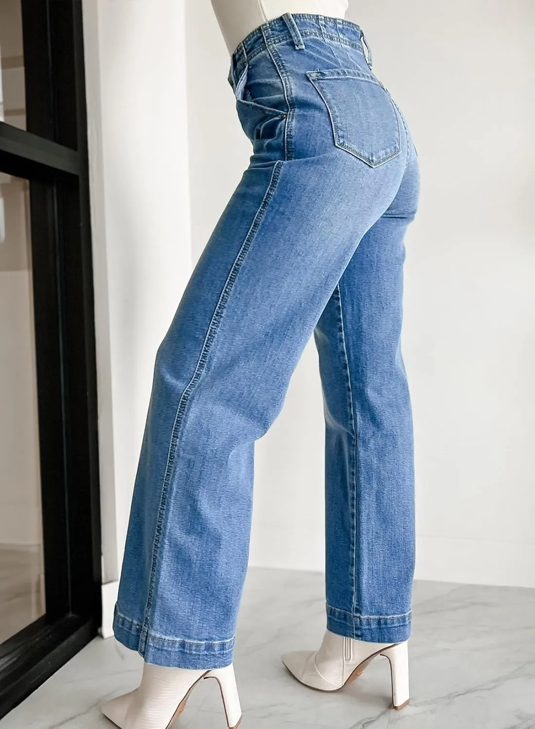 Sidefeel Women's Wide Leg Jeans High Waisted Button Fly Stretchy Straight Legs Denim Pants