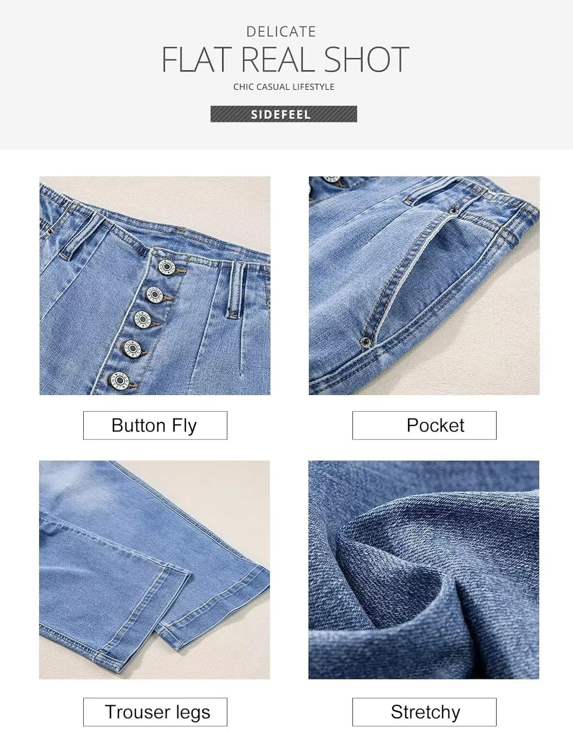 Sidefeel Women's Wide Leg Jeans High Waisted Button Fly Stretchy Straight Legs Denim Pants
