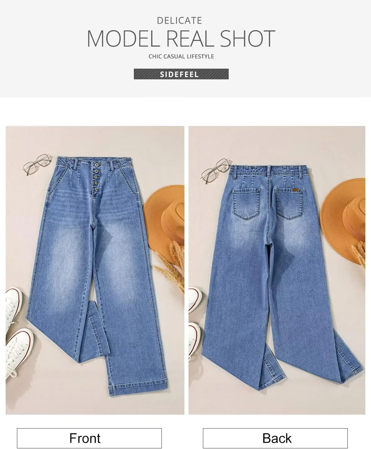 Sidefeel Women's Wide Leg Jeans High Waisted Button Fly Stretchy Straight Legs Denim Pants