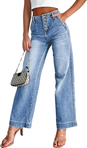 Sidefeel Women's Wide Leg Jeans High Waisted Button Fly Stretchy Straight Legs Denim Pants
