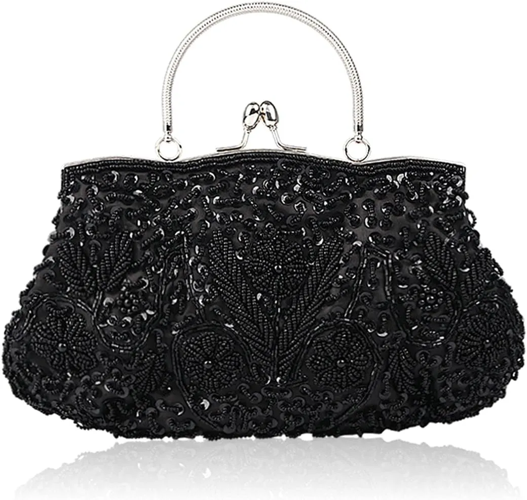 Simcat Beaded Sequin Flower Evening Purse Large Clutch Bag