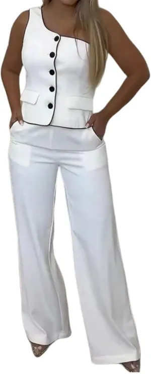 Single Shoulder Button & Pants Casual Commuter Suit, One Shoulder Vest Topand Pants Set, Women Sleeveless 2 Piece Set