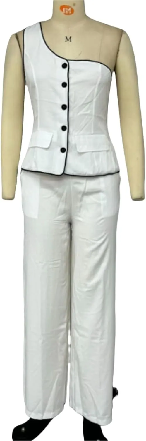 Single Shoulder Button & Pants Casual Commuter Suit, One Shoulder Vest Topand Pants Set, Women Sleeveless 2 Piece Set