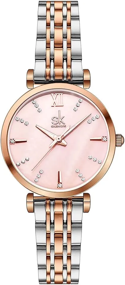 SK Classic Women Watches Fashion Ladies Dress Watch Solid Stainless Steel Band Genuine Leather Strap (Silver-Rose-Shell)