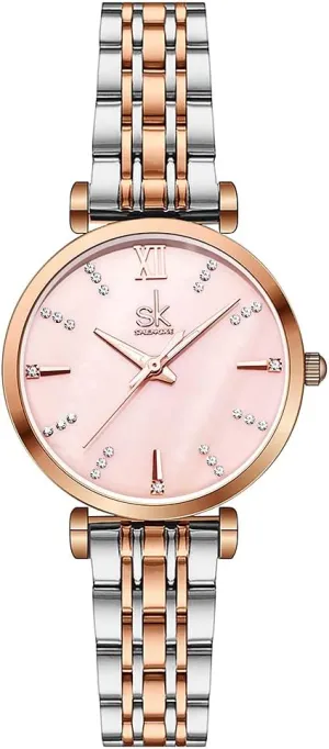 SK Classic Women Watches Fashion Ladies Dress Watch Solid Stainless Steel Band Genuine Leather Strap (Silver-Rose-Shell)