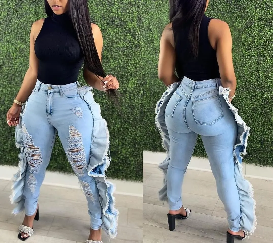 Skinny Jeans for Women High Waisted Ripped Hole Side Ruffle Raw Hem Distressed Classic Denim Jean Pants
