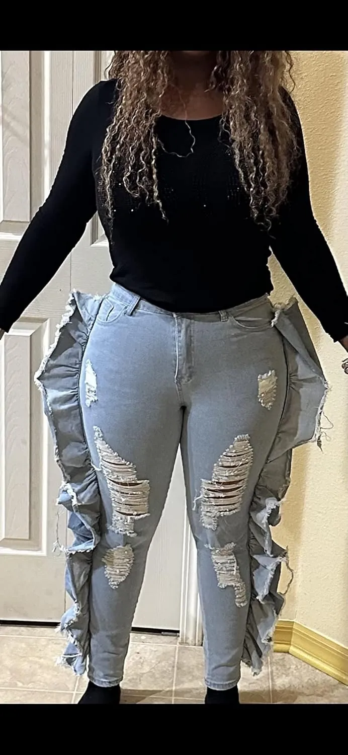 Skinny Jeans for Women High Waisted Ripped Hole Side Ruffle Raw Hem Distressed Classic Denim Jean Pants