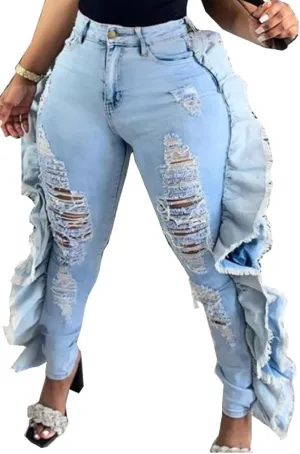 Skinny Jeans for Women High Waisted Ripped Hole Side Ruffle Raw Hem Distressed Classic Denim Jean Pants
