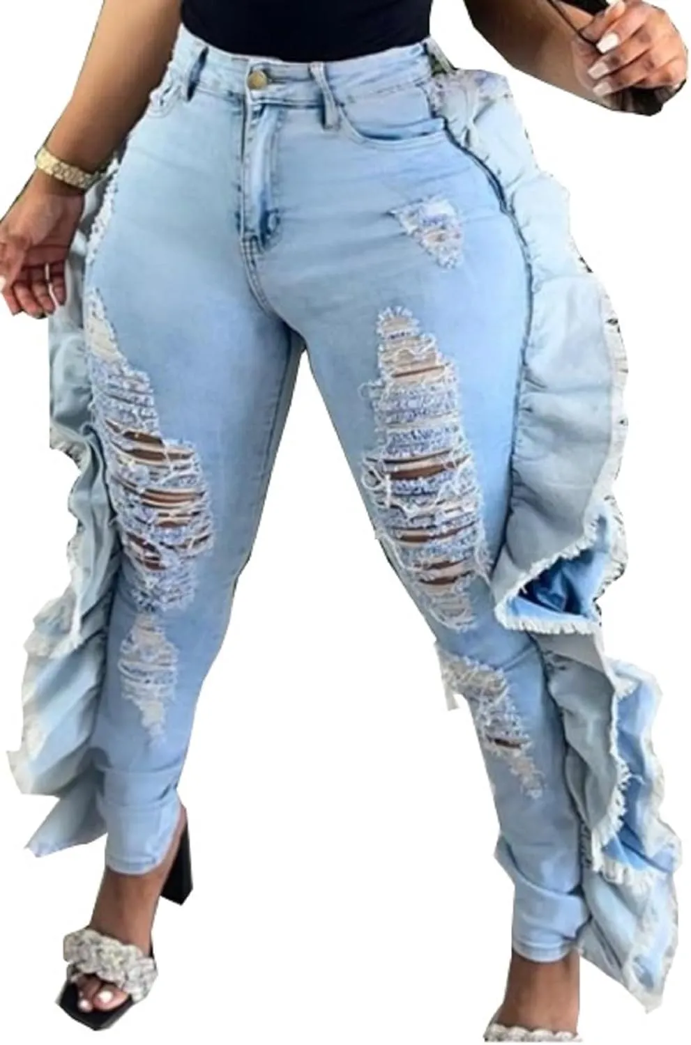 Skinny Jeans for Women High Waisted Ripped Hole Side Ruffle Raw Hem Distressed Classic Denim Jean Pants