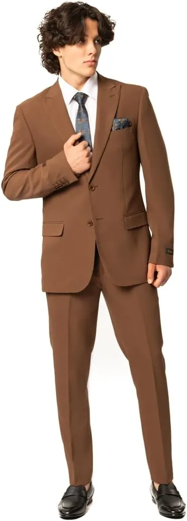 Slim Fit Men Suit Stretchy Spandex Peak Lapel 2 Button Flat Front Pants 9936