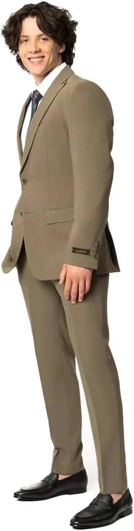 Slim Fit Men Suit Stretchy Spandex Peak Lapel 2 Button Flat Front Pants 9936