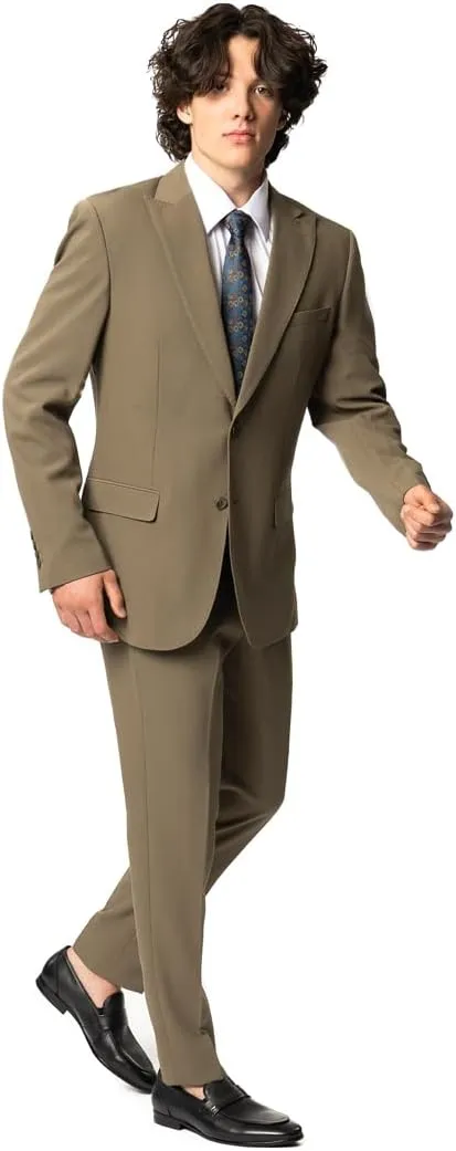 Slim Fit Men Suit Stretchy Spandex Peak Lapel 2 Button Flat Front Pants 9936
