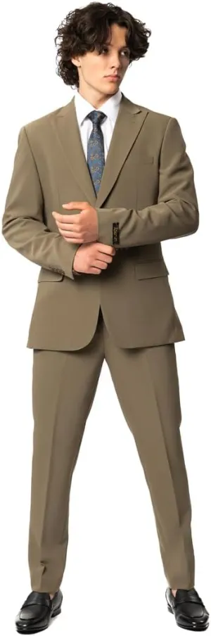 Slim Fit Men Suit Stretchy Spandex Peak Lapel 2 Button Flat Front Pants 9936