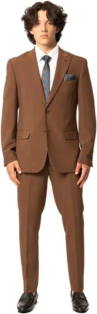 Slim Fit Men Suit Stretchy Spandex Peak Lapel 2 Button Flat Front Pants 9936
