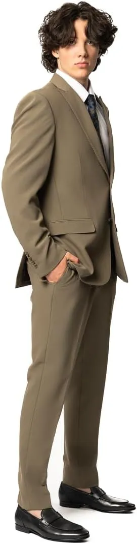 Slim Fit Men Suit Stretchy Spandex Peak Lapel 2 Button Flat Front Pants 9936
