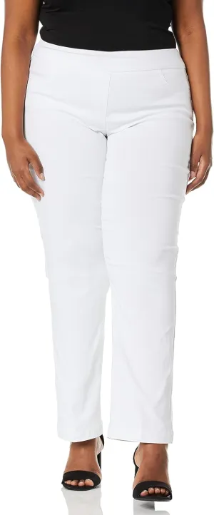 SLIM-SATION Women's Plus Size Wide Band Tall Pull-on Straight Leg Pant with Tummy Control