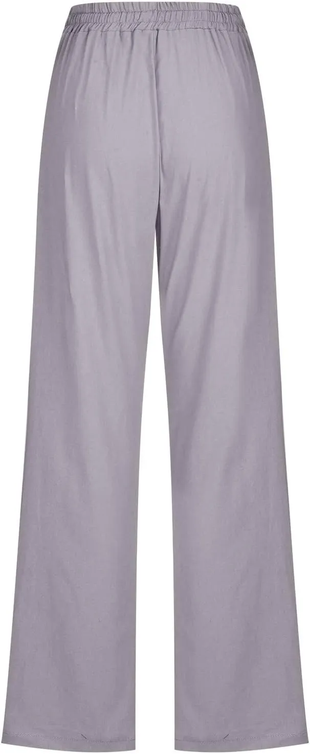 SMIDOW Womens Casual Pants Regular Fit Straight Leg Drawstring Elastic High Waist Trousers with Pockets Trendy