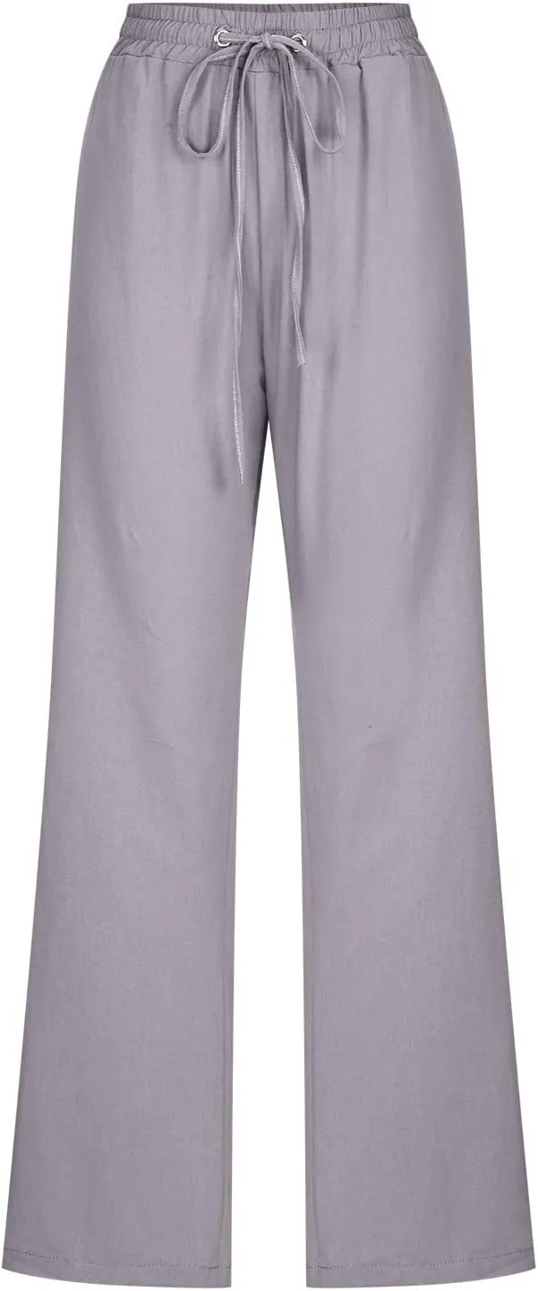 SMIDOW Womens Casual Pants Regular Fit Straight Leg Drawstring Elastic High Waist Trousers with Pockets Trendy