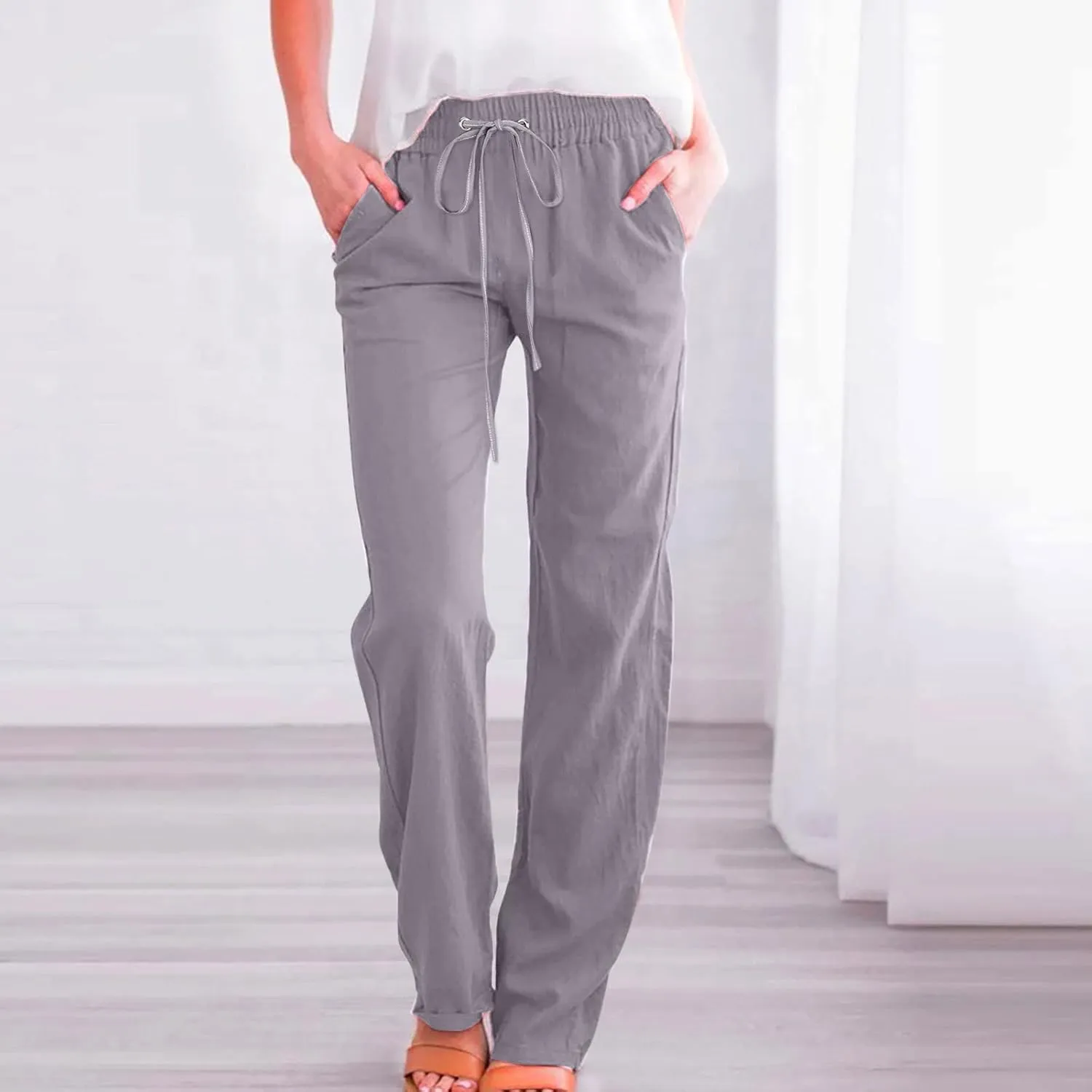 SMIDOW Womens Casual Pants Regular Fit Straight Leg Drawstring Elastic High Waist Trousers with Pockets Trendy