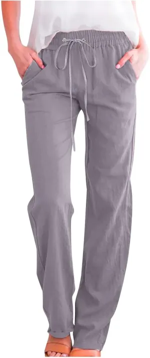 SMIDOW Womens Casual Pants Regular Fit Straight Leg Drawstring Elastic High Waist Trousers with Pockets Trendy