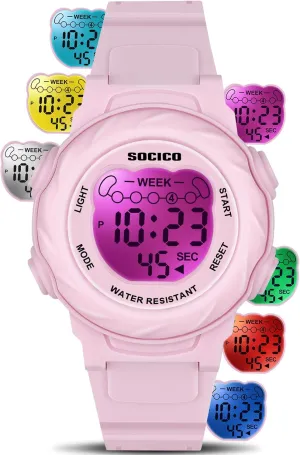 SOCICO Kids Digital Watches for Girls Boys, 7 Color Lights Waterproof Sport Outdoor Wristwatch with Stopwatch, Alarm, Date, Great Gift for Child Ages 5-12