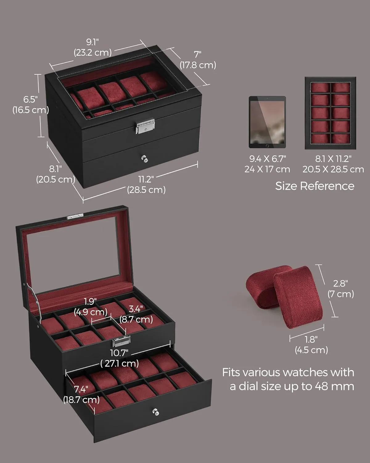 SONGMICS 20-Slot Watch Box, Watch Case with Glass Lid, 2 Layers, Lockable Watch Display Case, Black Synthetic Leather, Wine Red Lining UJWB020R01