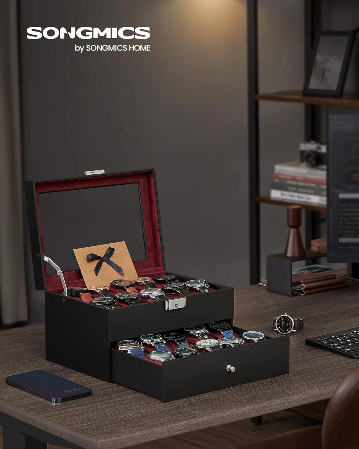 SONGMICS 20-Slot Watch Box, Watch Case with Glass Lid, 2 Layers, Lockable Watch Display Case, Black Synthetic Leather, Wine Red Lining UJWB020R01