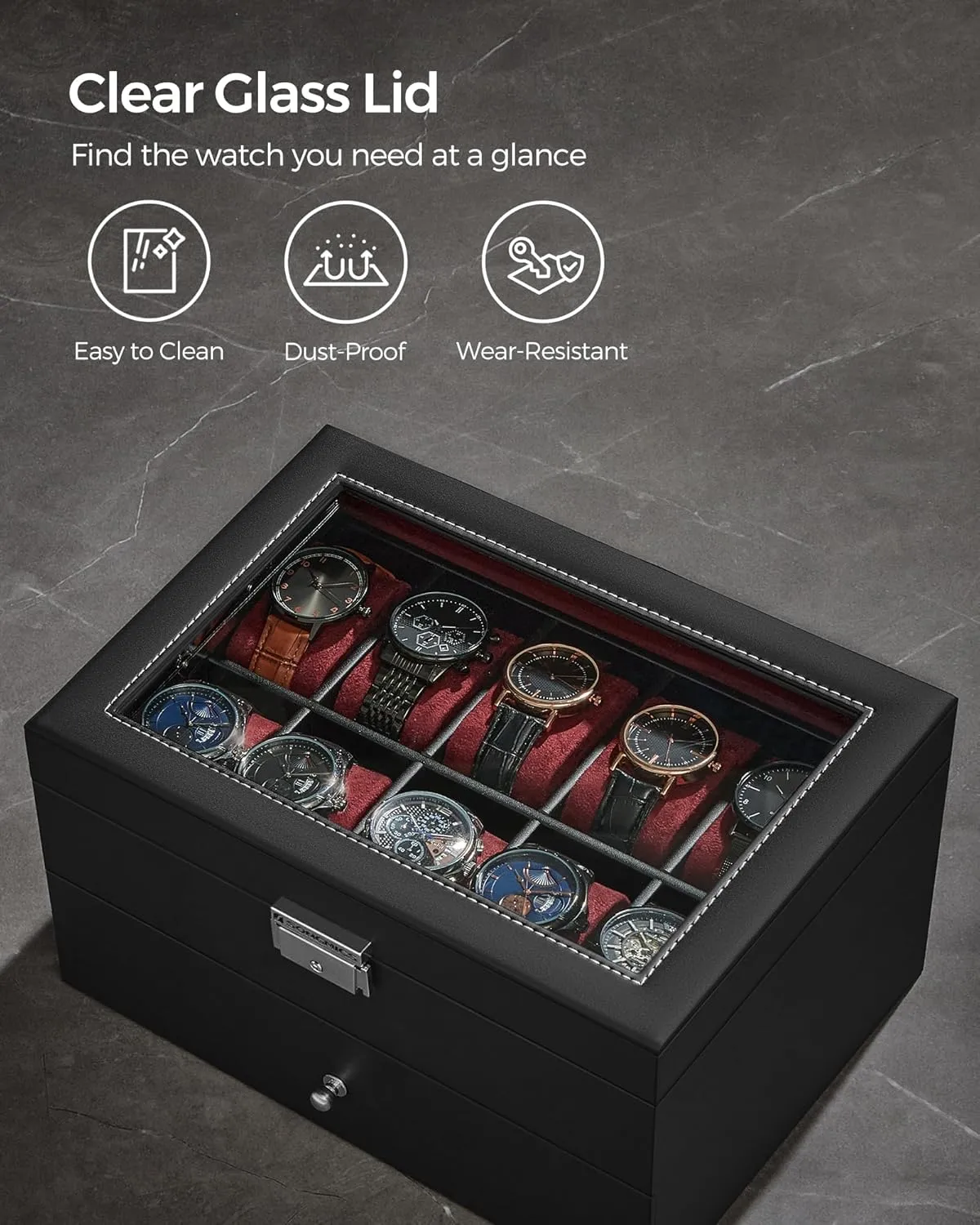 SONGMICS 20-Slot Watch Box, Watch Case with Glass Lid, 2 Layers, Lockable Watch Display Case, Black Synthetic Leather, Wine Red Lining UJWB020R01