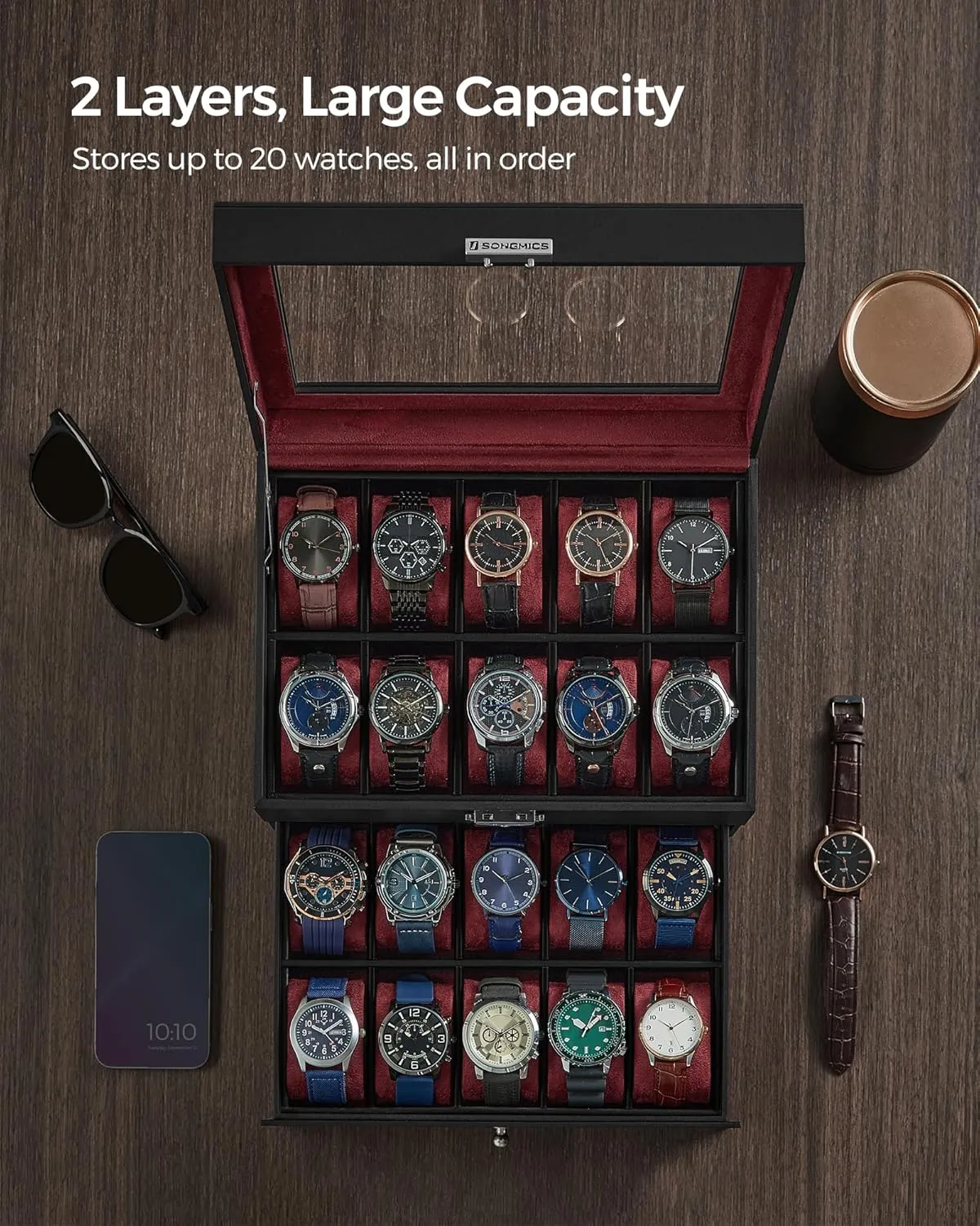SONGMICS 20-Slot Watch Box, Watch Case with Glass Lid, 2 Layers, Lockable Watch Display Case, Black Synthetic Leather, Wine Red Lining UJWB020R01