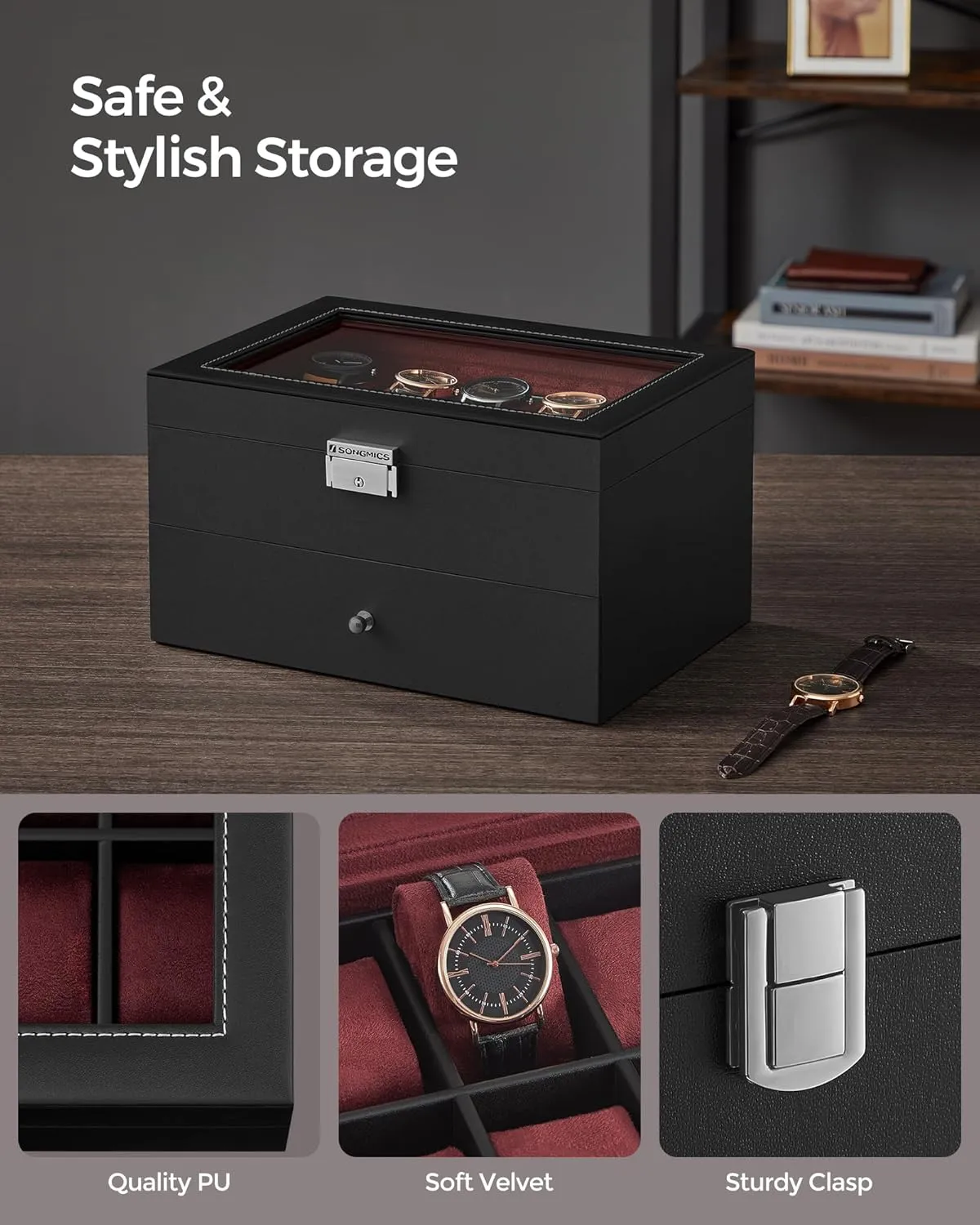 SONGMICS 20-Slot Watch Box, Watch Case with Glass Lid, 2 Layers, Lockable Watch Display Case, Black Synthetic Leather, Wine Red Lining UJWB020R01