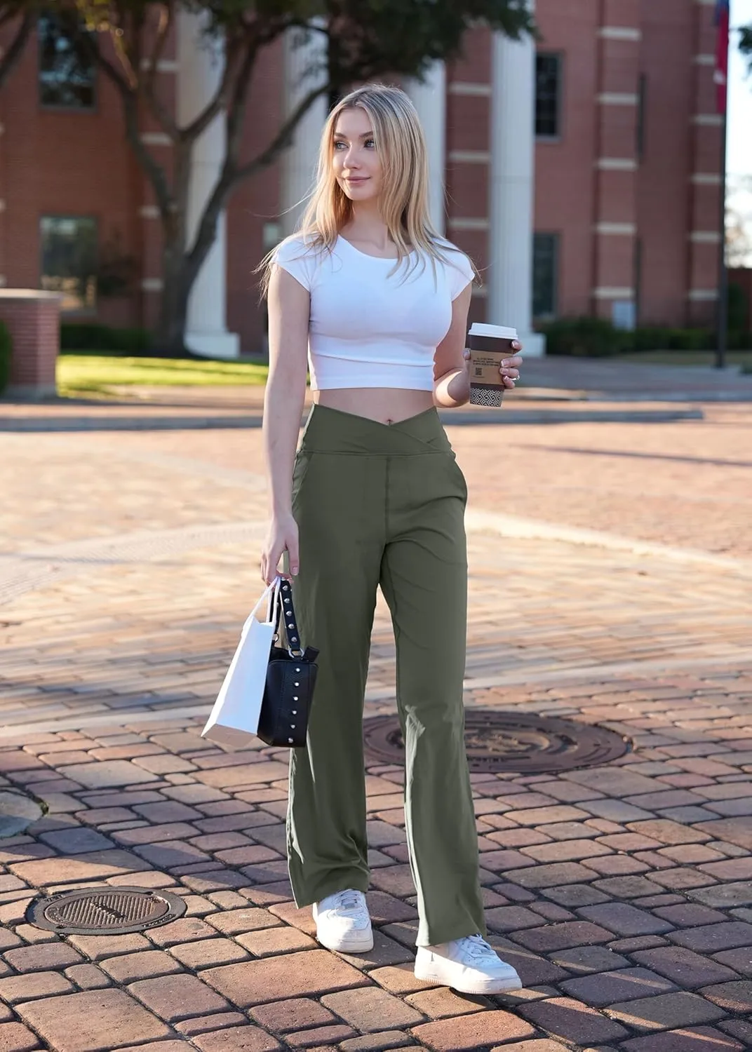 Soothfeel Wide Leg Pants Woman Yoga Pants with Pocket Crosscover High Waist Stretch Work Lounge Casual Dress Sweatpants