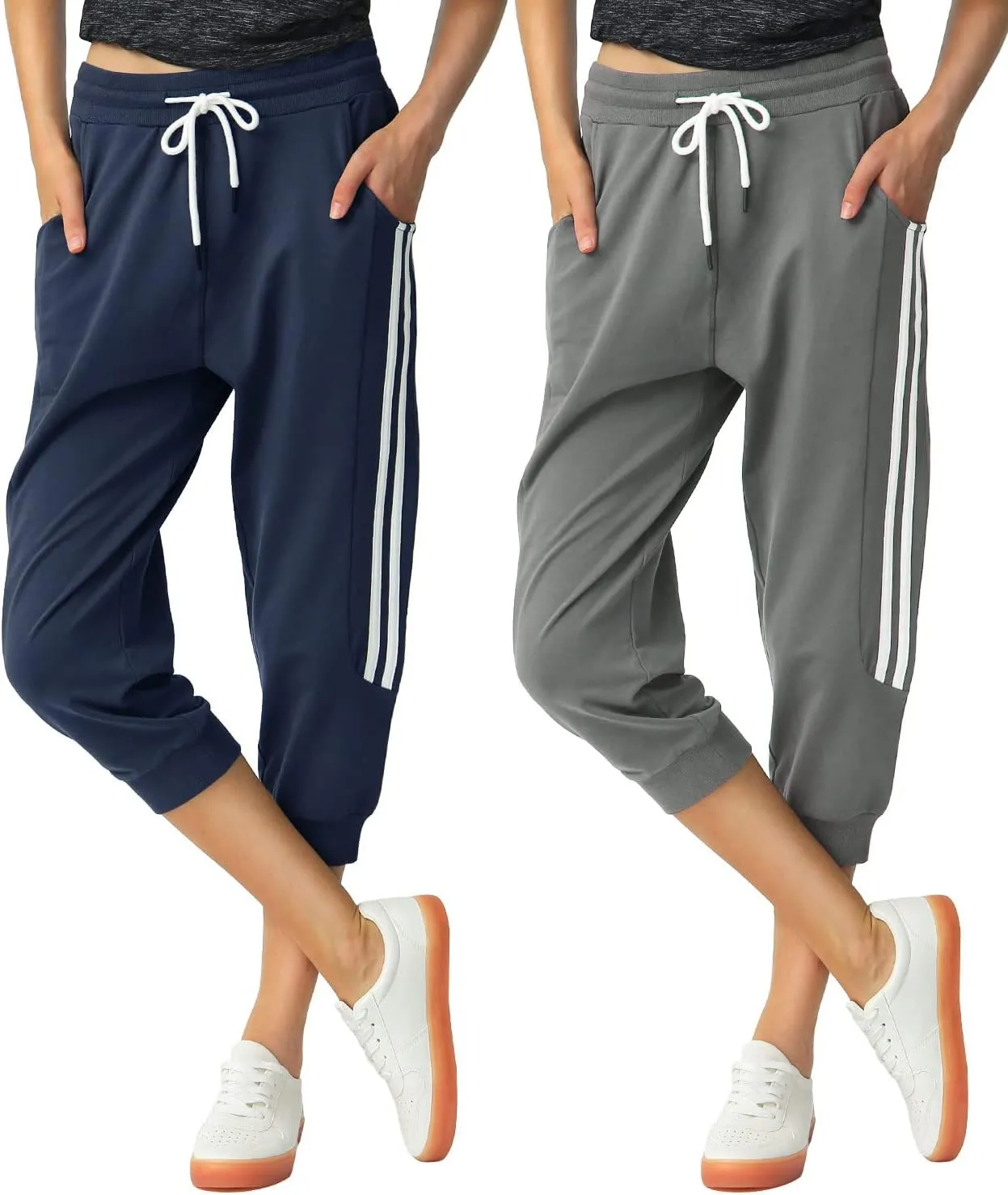 SPECIALMAGIC Women's 2 Pack Capri Pants Cropped Joggers with Pockets Capri Sweatpants