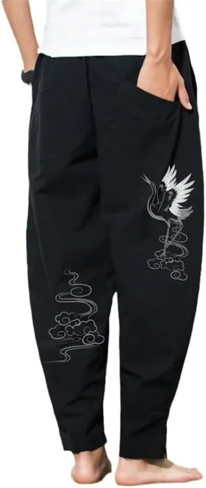 Spring Men Chinese Style Harem Pants Casual Loose Trousers Male Crane Print Jogger Black Plus Size s3 XS