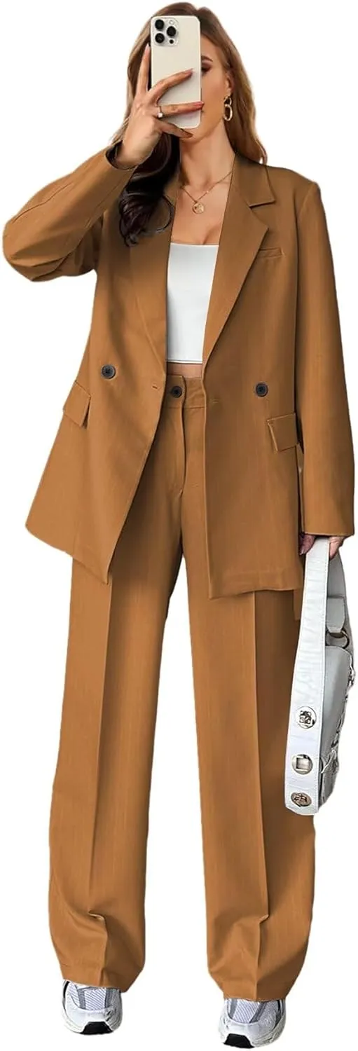 Stripe Pant Suits for Women Dressy Wedding 2 Piece Blazer Pants Casual Double Breasted Tuxedo for Work Professional