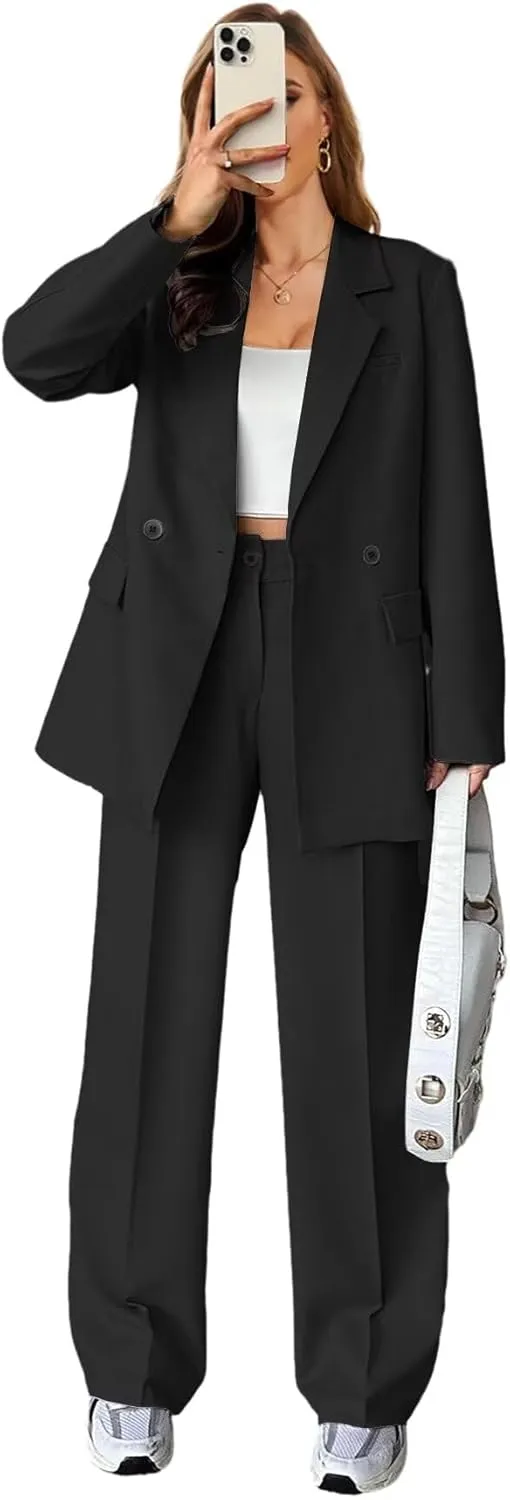 Stripe Pant Suits for Women Dressy Wedding 2 Piece Blazer Pants Casual Double Breasted Tuxedo for Work Professional