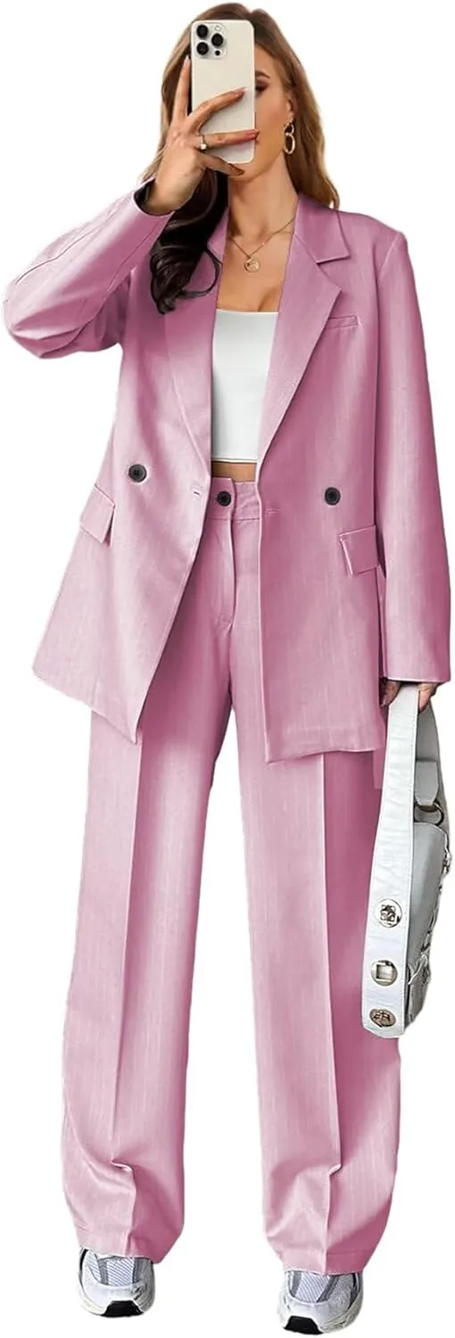 Stripe Pant Suits for Women Dressy Wedding 2 Piece Blazer Pants Casual Double Breasted Tuxedo for Work Professional