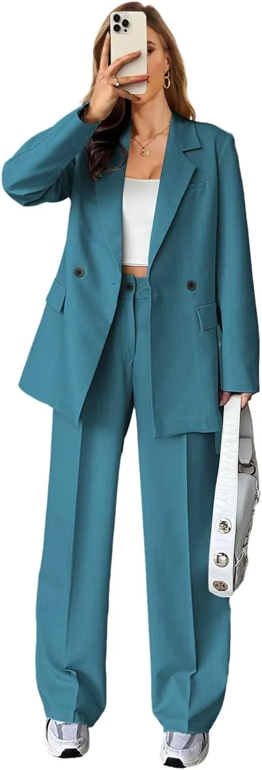 Stripe Pant Suits for Women Dressy Wedding 2 Piece Blazer Pants Casual Double Breasted Tuxedo for Work Professional
