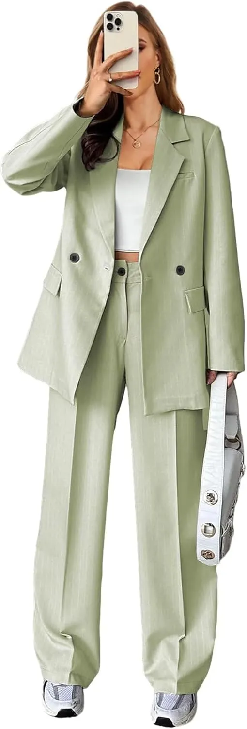 Stripe Pant Suits for Women Dressy Wedding 2 Piece Blazer Pants Casual Double Breasted Tuxedo for Work Professional